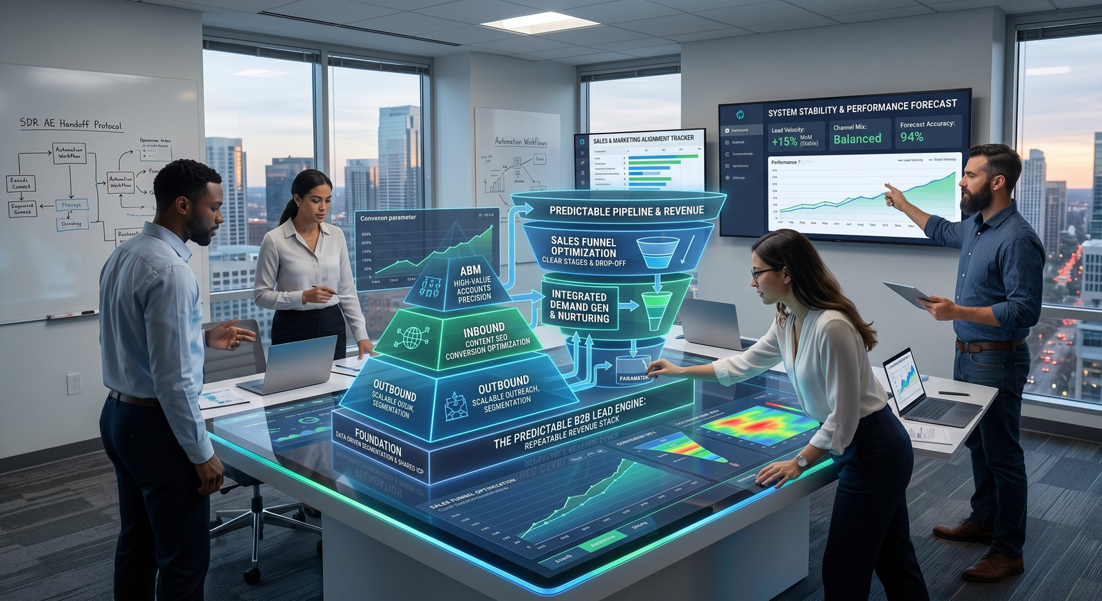 A business team collaborating around a high-tech holographic touch-table displaying "The Predictable B2B Lead Engine" pyramid and revenue funnel model in a modern office.