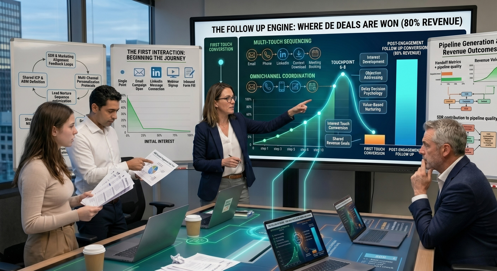 A professional business team collaborating in a high-tech meeting room, reviewing a digital presentation dashboard titled "The Follow Up Engine: Where Deals Are Won (80% Revenue)."
