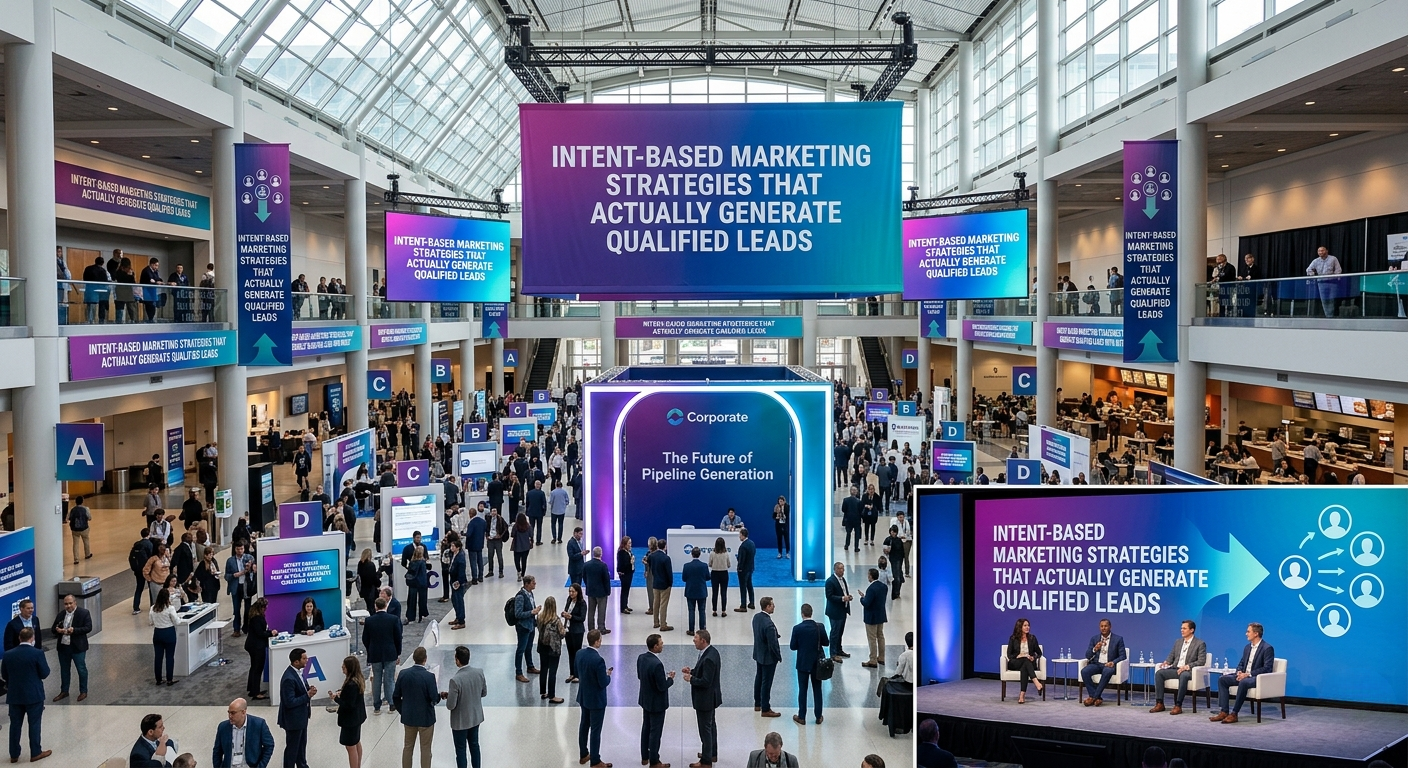 A high-angle view of a bustling corporate marketing conference convention hall featuring large hanging banners that read "Intent-Based Marketing Strategies That Actually Generate Qualified Leads," a central expo booth, and an inset image of a panel discussion on stage.