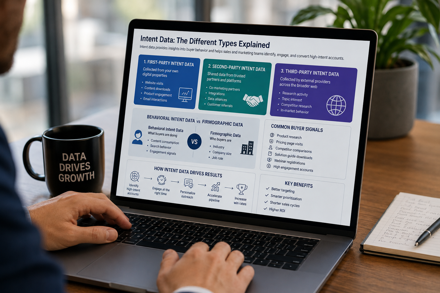 A close-up view of a professional laptop screen displaying an infographic titled "Intent Data: The Different Types Explained," comparing first, second, and third-party data types alongside buyer signals and key benefits.
