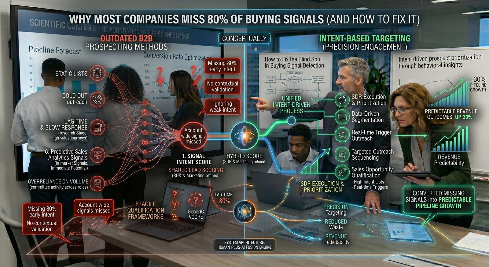 A split-concept business dashboard titled "Why Most Companies Miss 80% of Buying Signals," contrasting outdated prospecting methods on the left with intent-based targeting and precision engagement on the right.