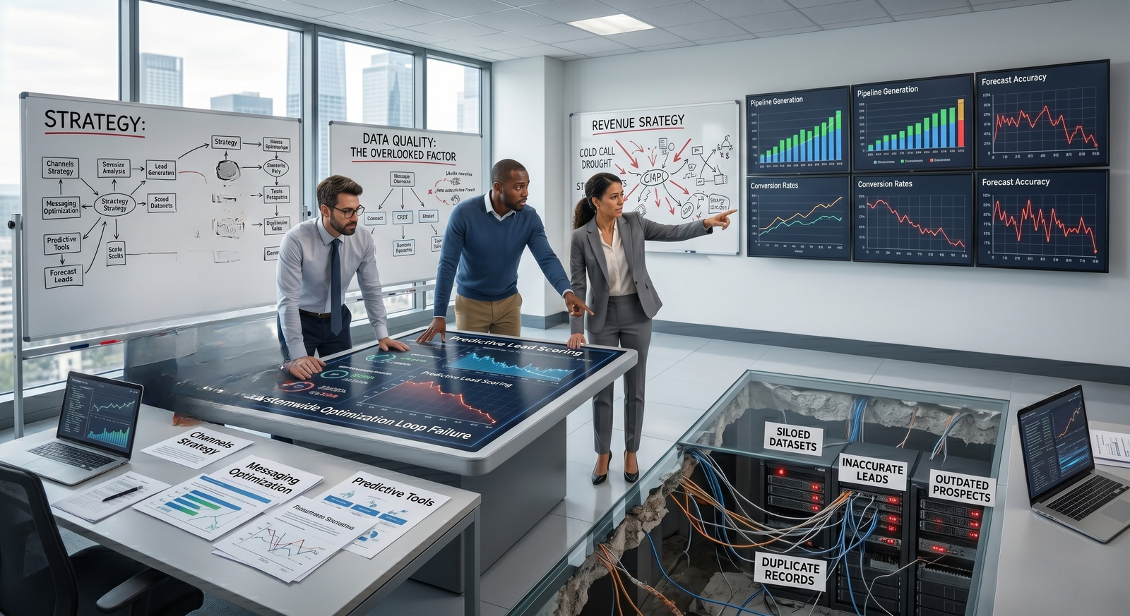 A business team analyzing an optimization failure on a digital touch-table, while a glass floor section reveals tangled server infrastructure labeled with data quality issues like siloed datasets and duplicate records.