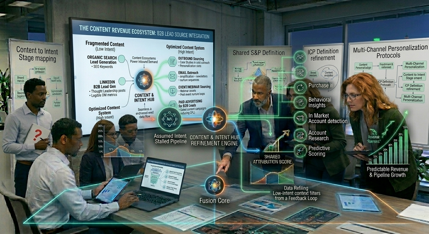 A team of B2B professionals collaborating around a high-tech boardroom table, analyzing an enterprise content strategy blueprint titled "The Content Revenue Ecosystem: B2B Lead Source Integration."