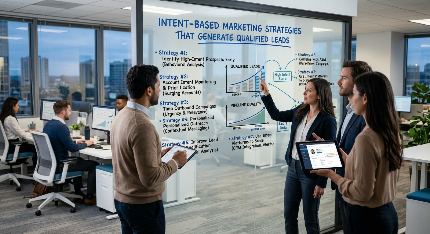 A diverse marketing team in a modern office collaborating around a glass whiteboard that displays "Intent-Based Marketing Strategies That Generate Qualified Leads," featuring graphs showing pipeline growth and a list of strategic points.