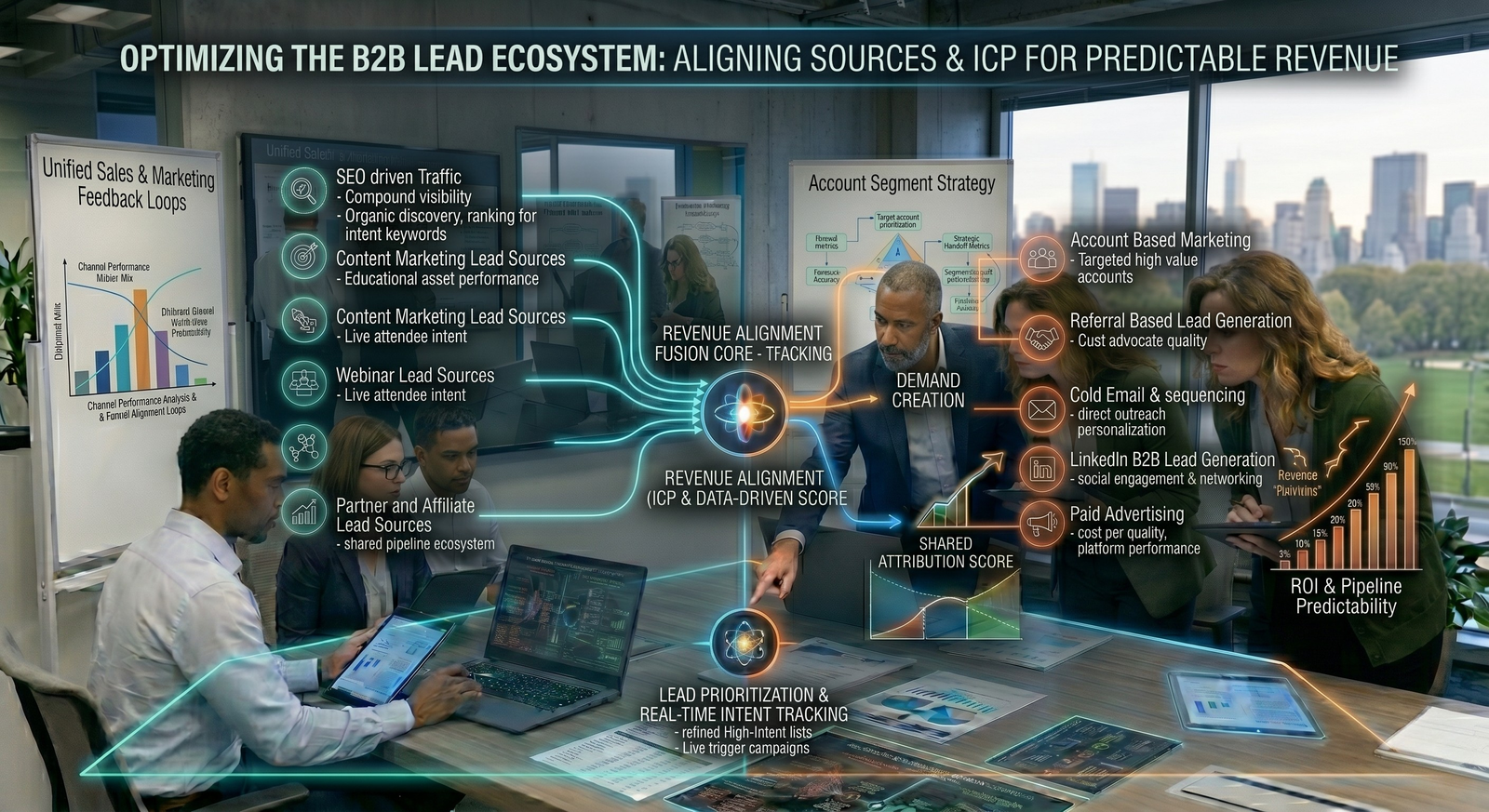 A B2B strategy meeting where an executive team uses an interactive touchscreen table to review an ecosystem architecture diagram titled "Optimizing the B2B Lead Ecosystem: Aligning Sources & ICP for Predictable Revenue."