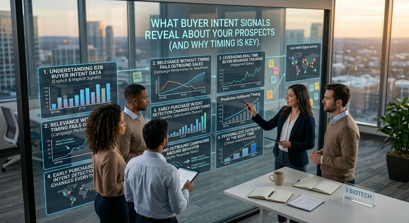 A professional business team meeting in a high-rise office around a digital glass wall titled "What Buyer Intent Signals Reveal About Your Prospects (And Why Timing is Key)," featuring analytics panels on real-time behavior tracking and predictive outbound timing.