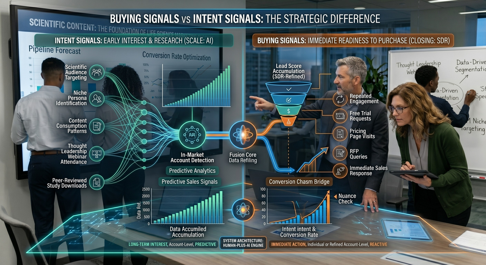 A team of business professionals collaborating around an interactive touch-table and a large screen displaying a framework titled "Buying Signals vs Intent Signals: The Strategic Difference."