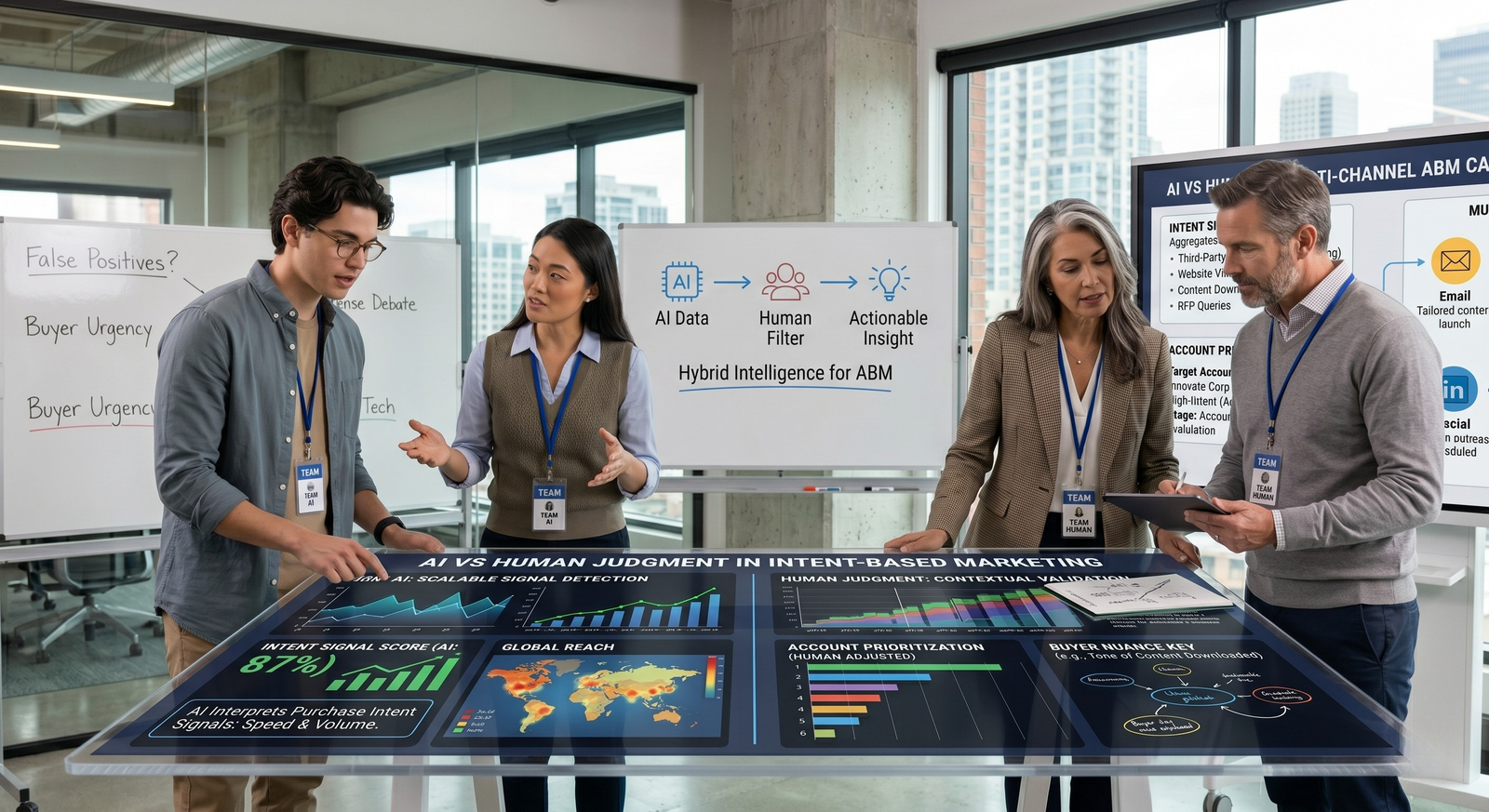 A business team standing around a futuristic digital touch-table analyzing an "AI vs Human Judgment in Intent-Based Marketing" dashboard, with whiteboards in the background.