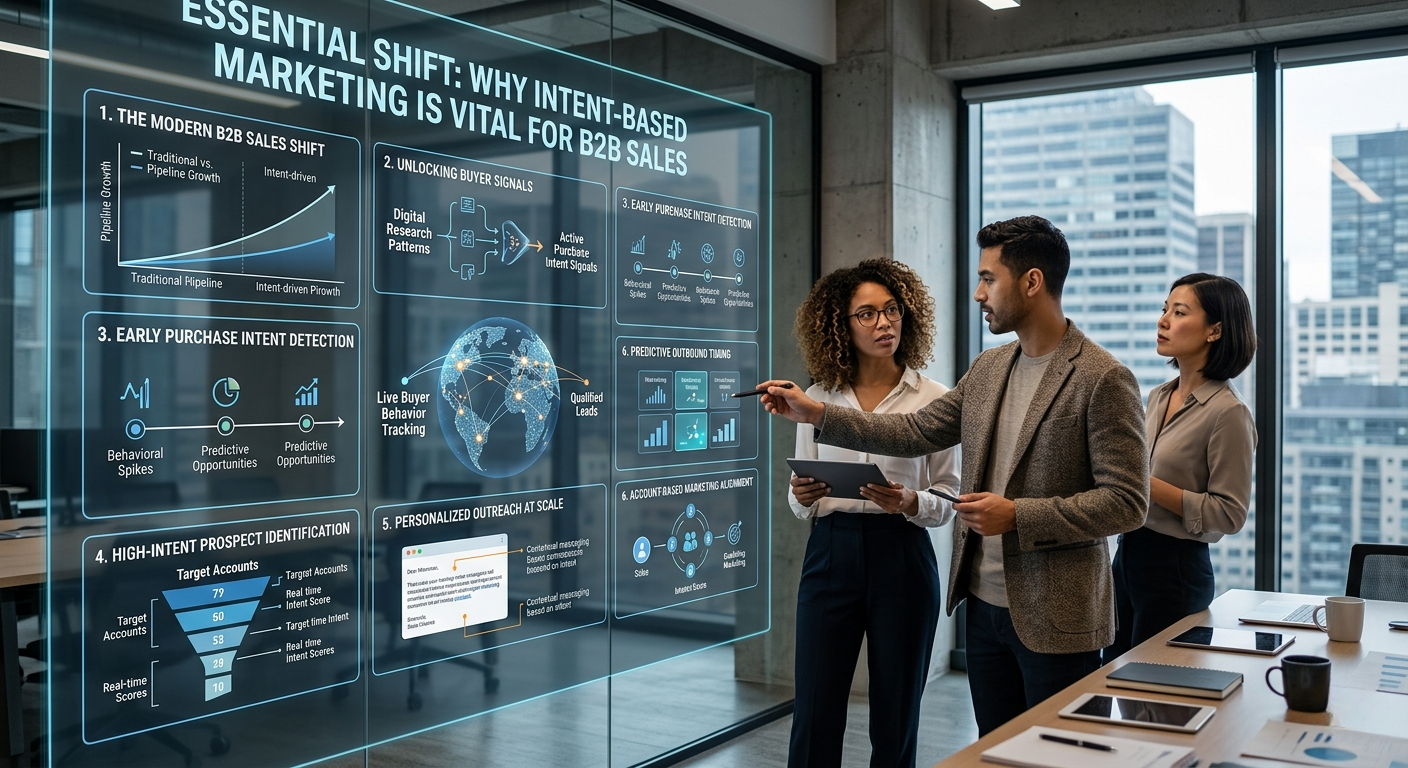 A corporate team collaborating in a modern office in front of a large digital glass display titled "Essential Shift: Why Intent-Based Marketing is Vital for B2B Sales," showcasing global tracking maps, sales funnels, and data analytics dashboards.
