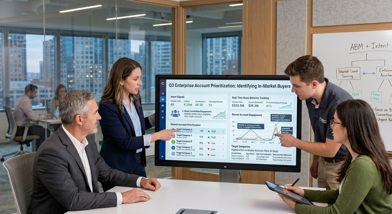 A team of business professionals collaborating in a modern conference room, discussing enterprise account prioritization data on a large dashboard monitor.