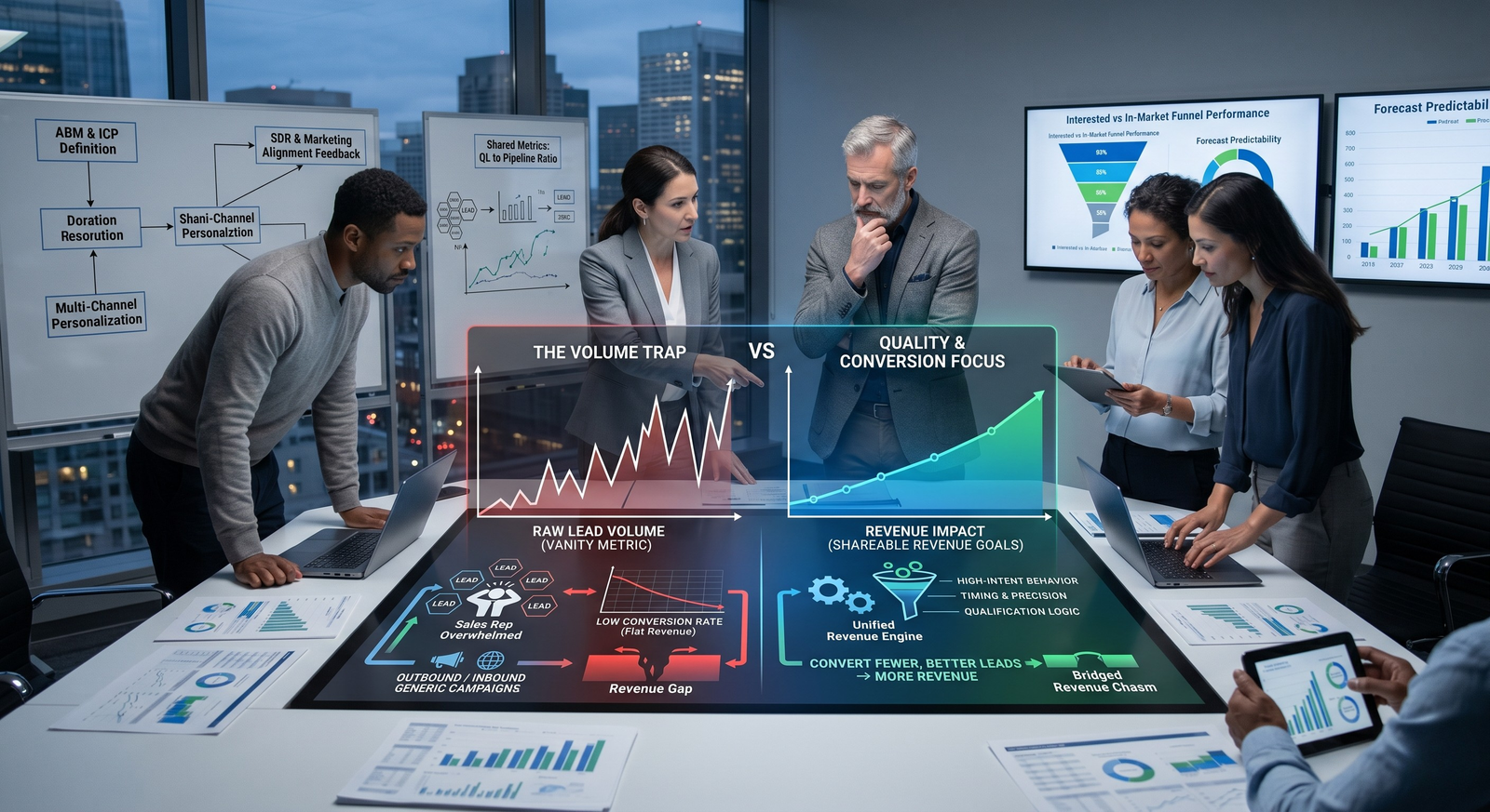 A business team standing around an interactive digital touch-table analyzing a comparison dashboard titled "The Volume Trap vs. Quality & Conversion Focus" in a modern office.