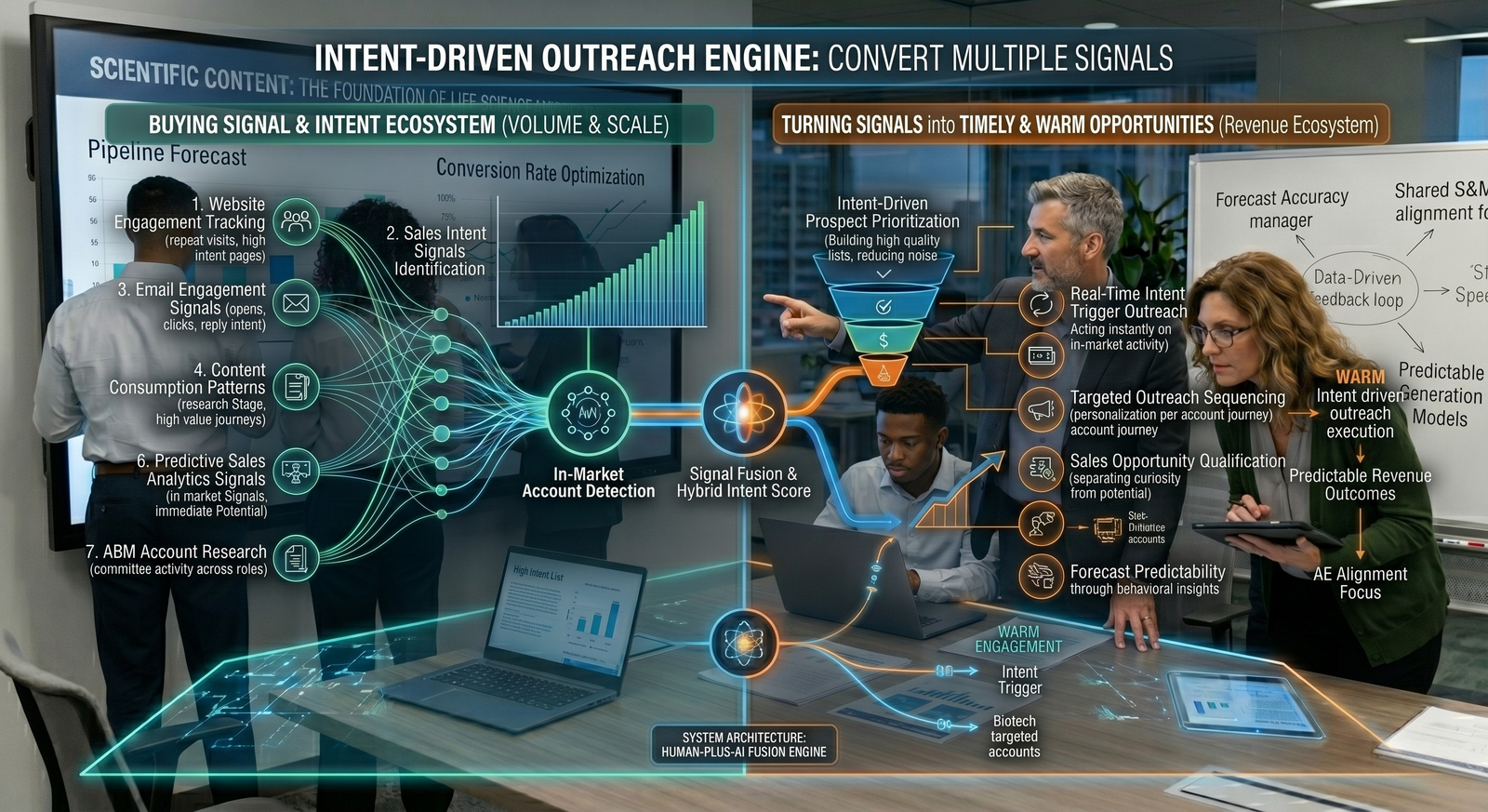 A team of business professionals collaborating around a digital touchscreen table in a high-tech conference room, analyzing an enterprise revenue architecture chart titled "Intent-Driven Outreach Engine: Convert Multiple Signals."
