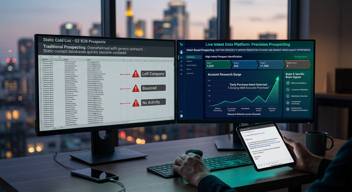A comparison display on dual computer monitors: the left screen shows a "Static Cold List" with warnings for outdated data, while the right screen displays a "Live Intent Data Platform" dashboard visualizing account research surges and high-intent prospect identification.
