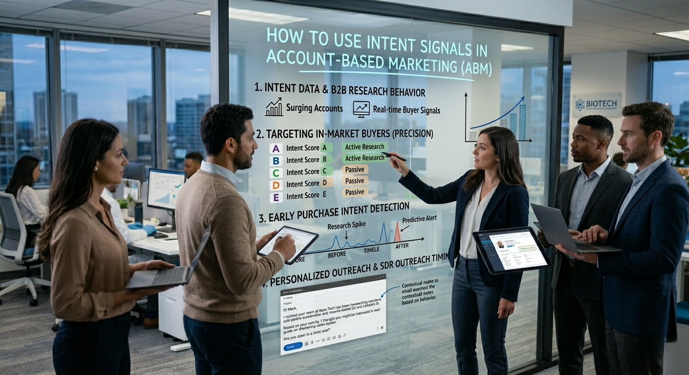 A corporate marketing team collaborating around a clear glass whiteboard titled "How to Use Intent Signals in Account-Based Marketing (ABM)," showcasing sections on intent scores, research behavior, and early purchase intent detection.