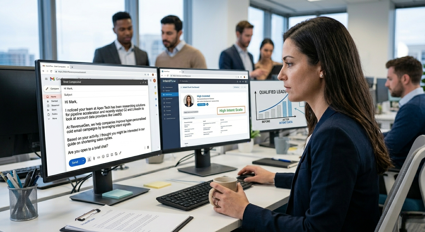 A female professional working at a dual-monitor desk in a modern office, drafting a personalized outbound email based on a B2B intent data dashboard showing "High Intent Scale" and a "Qualified Leads" graph.
