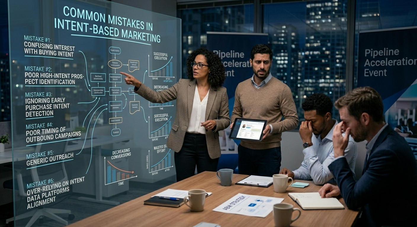 A corporate meeting where a female presenter points to a glass board listing "Common Mistakes in Intent-Based Marketing," while a colleague holds a tablet and two team members look stressed or concerned.