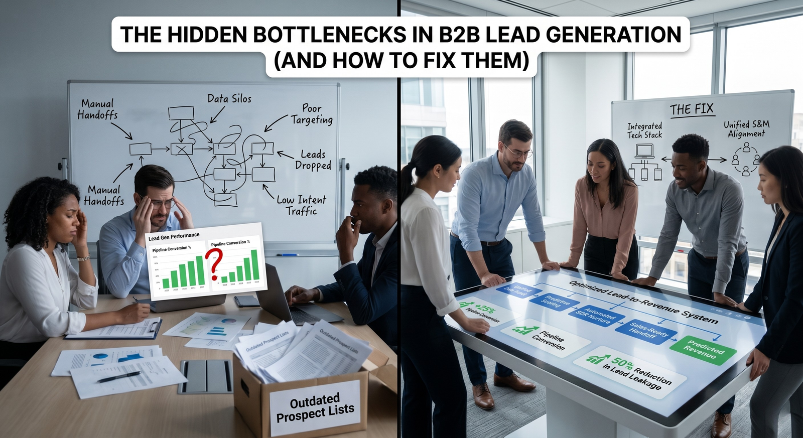 A split-screen business presentation contrasting a frustrated team dealing with data silos and outdated prospect lists on the left with a collaborative team utilizing an optimized lead-to-revenue digital touch-table on the right.