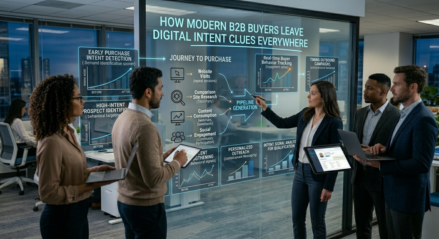 A corporate marketing team collaborating in an evening office setting around a digital glass display titled "How Modern B2B Buyers Leave Digital Intent Clues Everywhere," illustrating journey-to-purchase pathways like website visits, comparison research, and content consumption.