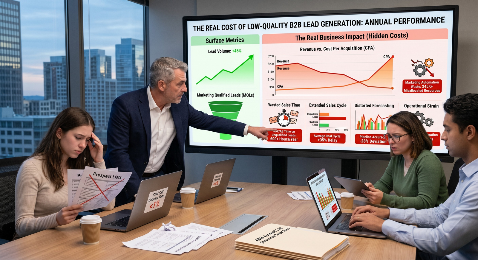 A stressed business team in a meeting room where a male executive points to a data dashboard detailing "The Real Cost of Low-Quality B2B Lead Generation," contrasting surface metrics with hidden business impacts.