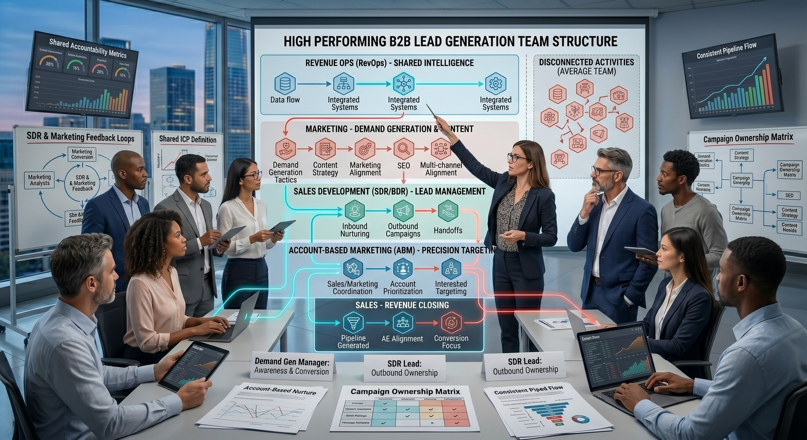 A large business team in a corporate boardroom collaborating around a giant digital screen displaying a "High Performing B2B Lead Generation Team Structure" flowchart.
