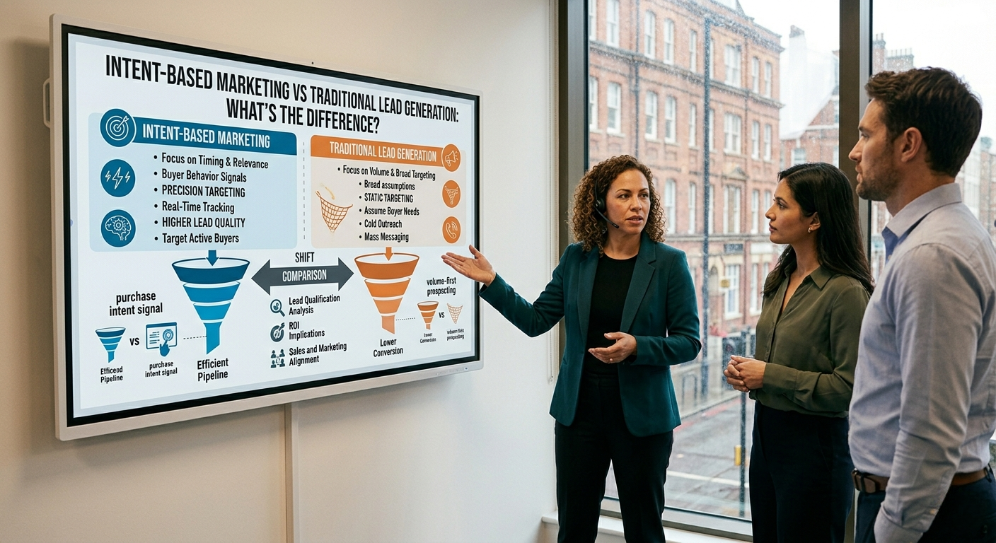 A female presenter wearing a teal blazer and headset gestures toward a digital board titled "INTENT-BASED MARKETING VS TRADITIONAL LEAD GENERATION: WHAT'S THE DIFFERENCE?" while speaking to two colleagues by a window overlooking a city street.